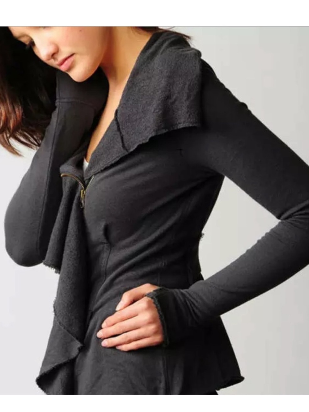 Free People We The Free Ebb and Flow Jacket Womens SMALL Gray Ruffled Full Zip